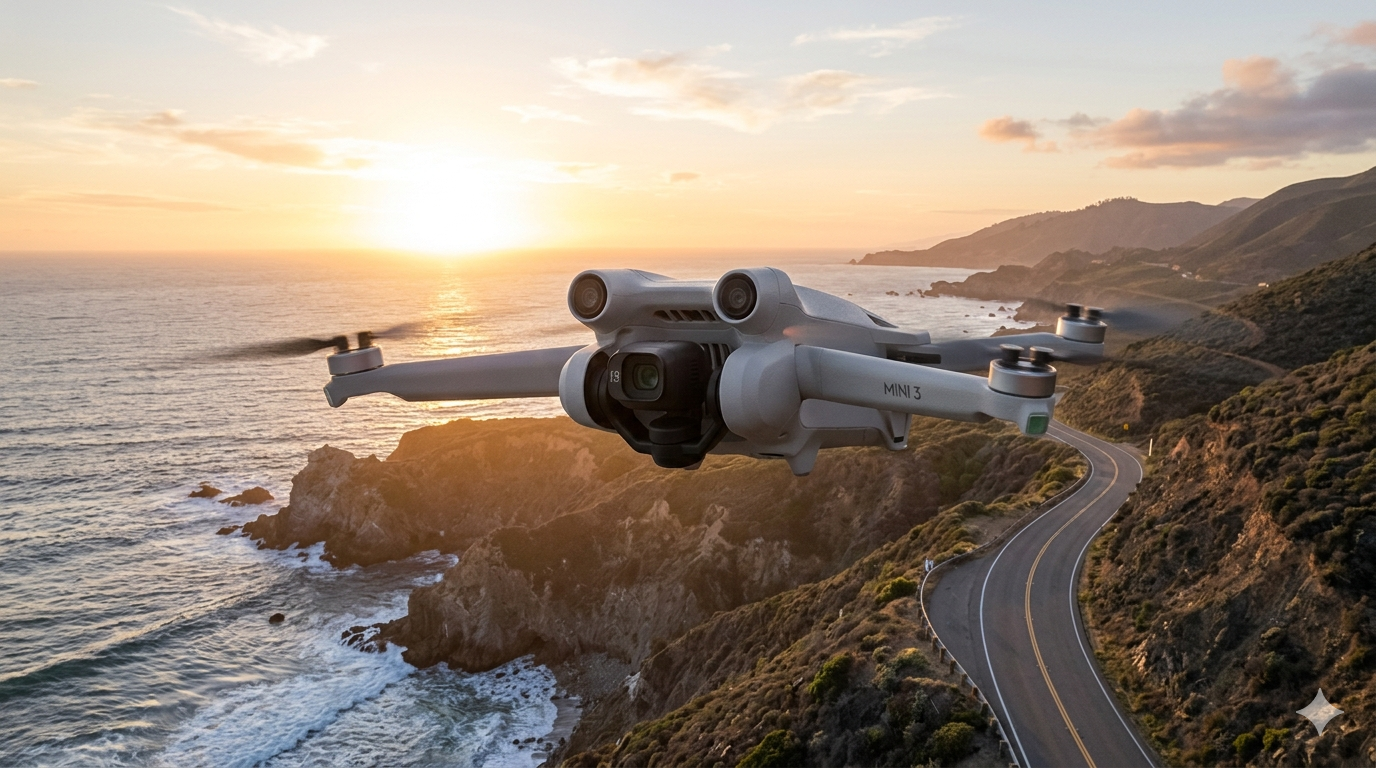 Drone flying over coastal road at golden hour
